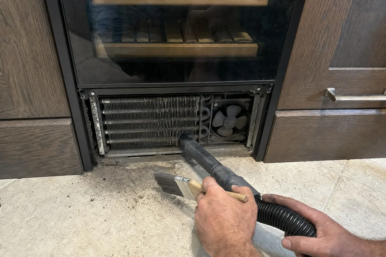 An undercounter refrigeration column with its lower grille off, a brush and a vacuum hose working across the exposed condenser coil and fan