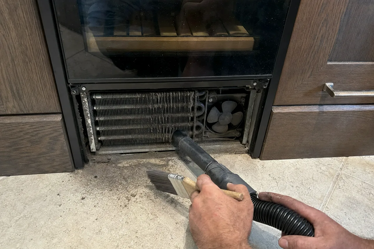The open service bay under a built-in refrigeration column, coil fins and fan housing visible above the tiled floor