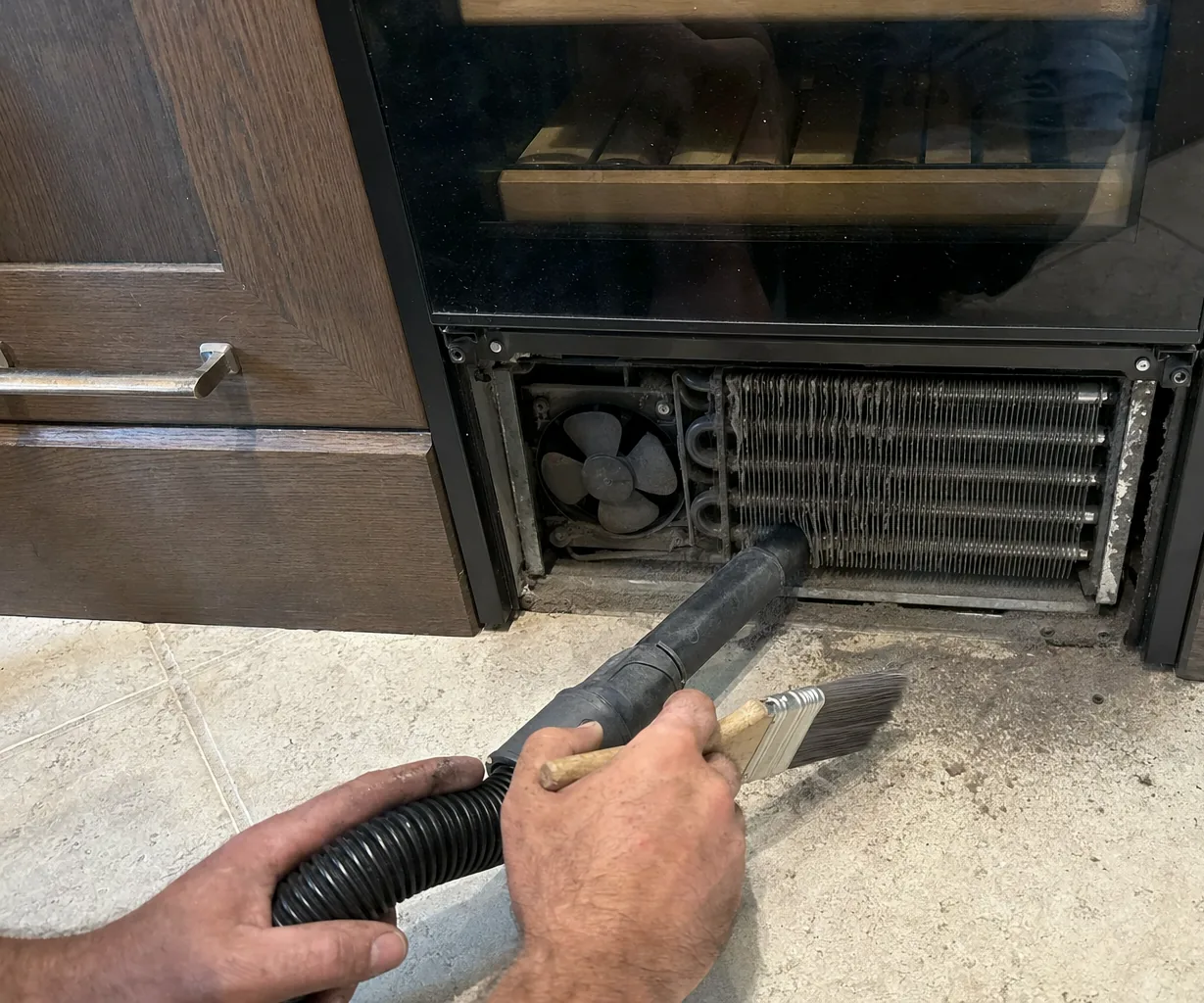 The lower service opening of a built-in appliance with the grille off, the machine compartment and its fan exposed to the floor