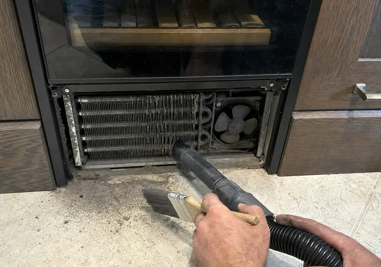 A built-in column with its bottom grille removed, showing how little clearance sits between the coil, the cabinet and the floor