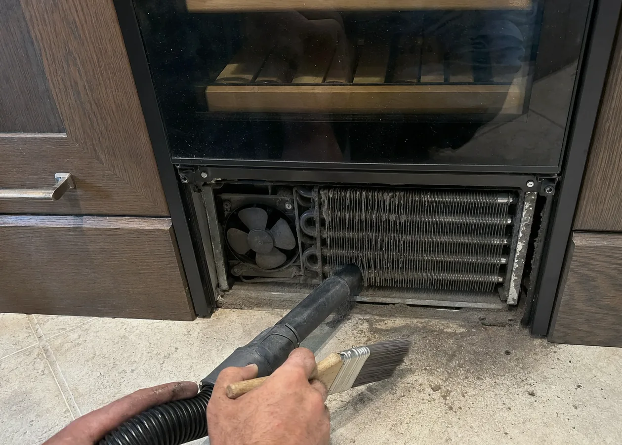 A hand steadying a brush against the exposed condenser fins of an undercounter column, the vacuum hose drawn in beside it
