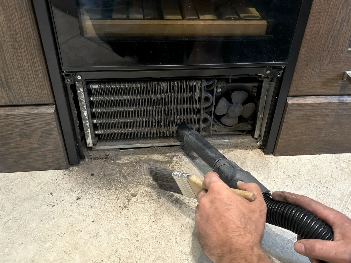 An undercounter built-in with its kick panel removed, the machine compartment and pipework visible in the shadow beneath it