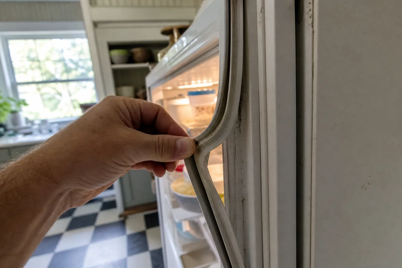 A hand folding back the gray rubber seal on the edge of an open refrigerator door, the lit shelves and food containers inside slightly out of focus, a checkered floor below.