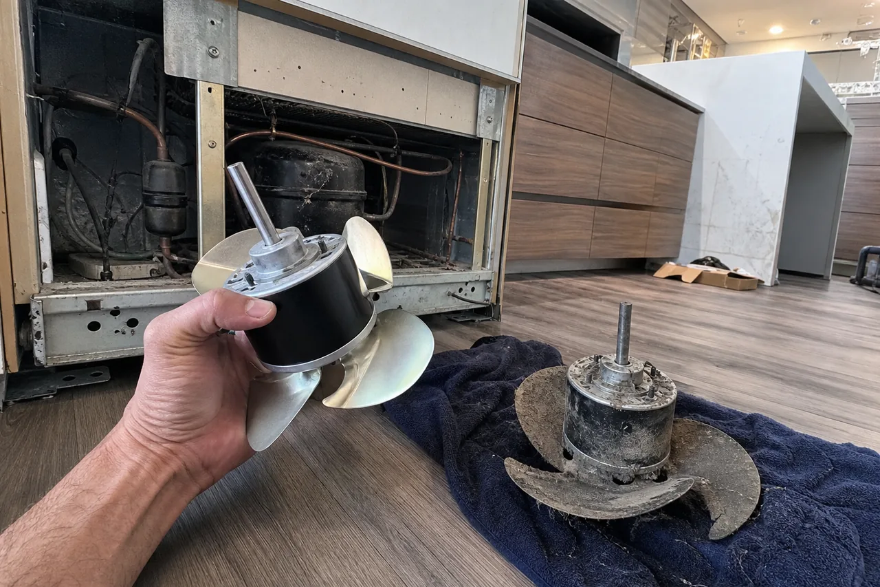 A hand holds a new refrigerator fan motor with bright metal blades in front of an open machine compartment, while the grimy old motor rests on a navy towel on the wood floor