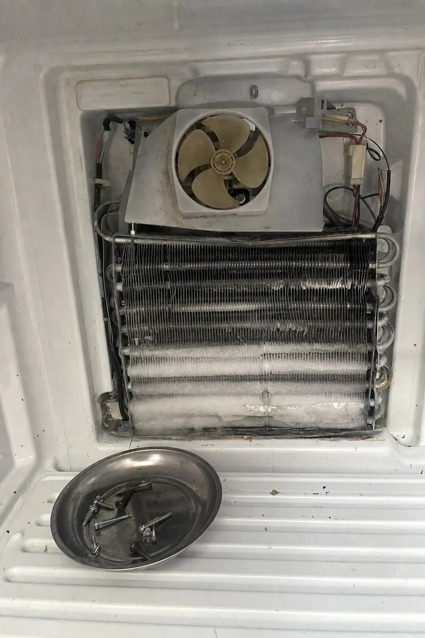 A freezer compartment with the evaporator cover removed, showing the coil and fan behind it and a defrost heater lying on the shelf below