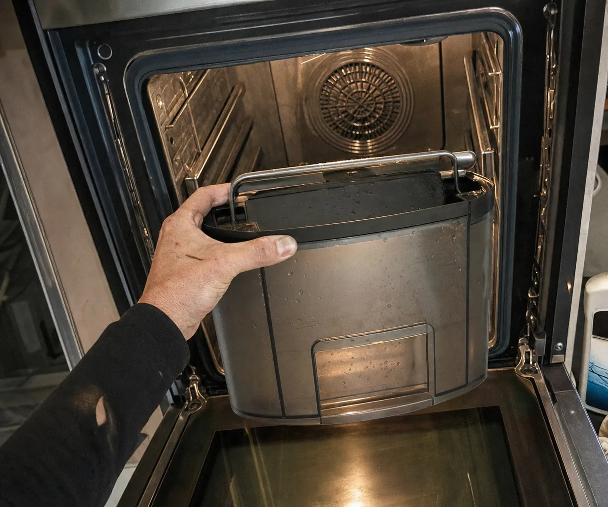 A steam oven standing open with its water tank pulled clear, the descaler bottle and jug within reach on the worktop