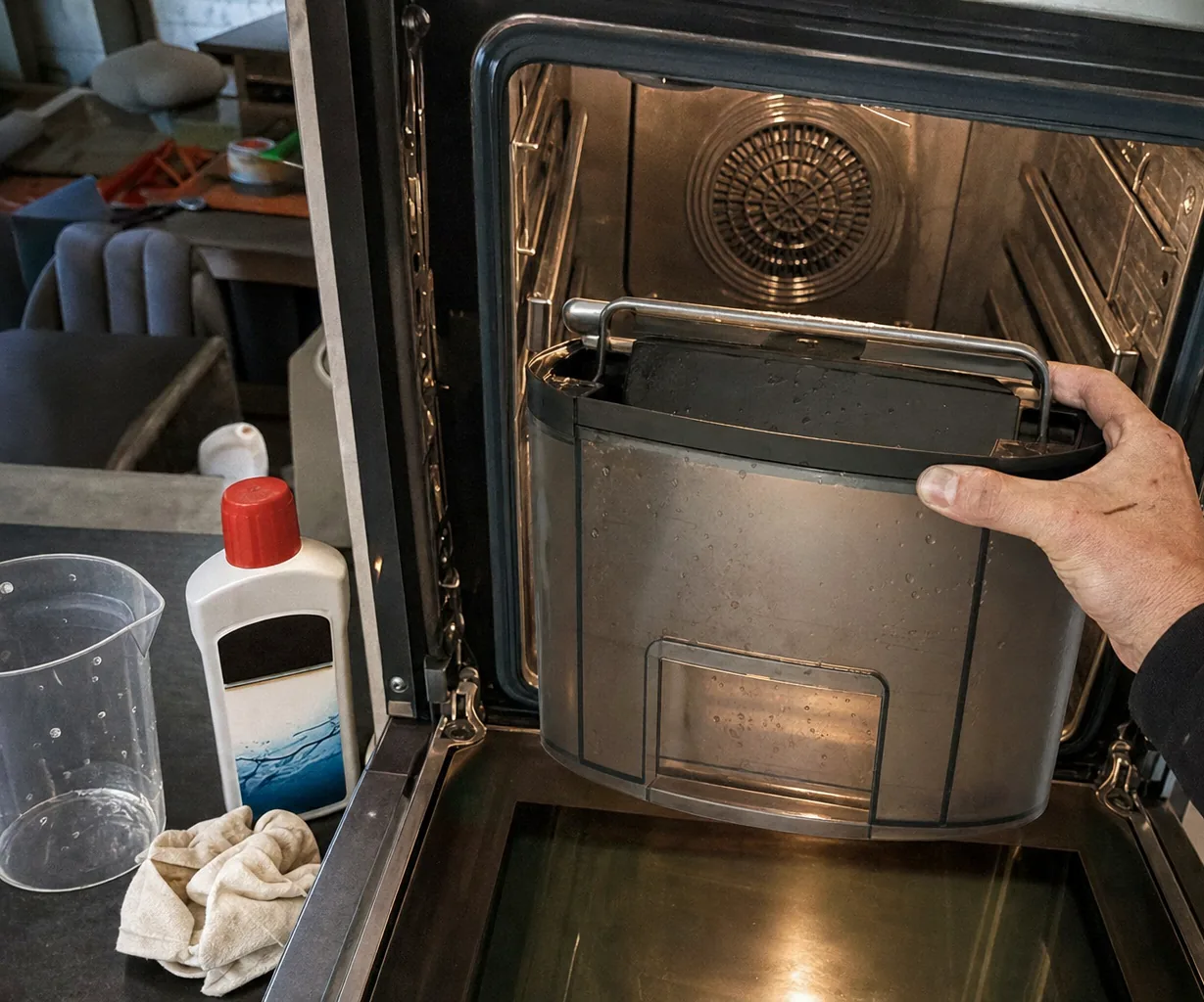 The interior of a built-in steam oven with the door down and the tank bay open, cleaning materials set out on the counter alongside