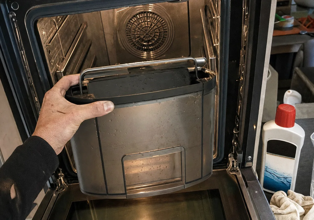 A built-in appliance open at the front with its water reservoir withdrawn, a descaling bottle and a jug standing ready beside it