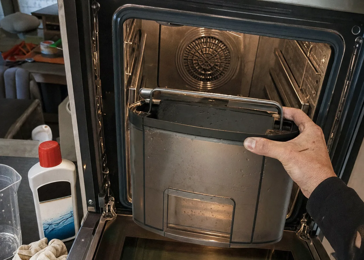 A steam oven with its door open and the reservoir out of its housing, the cavity and steam inlet visible at the back