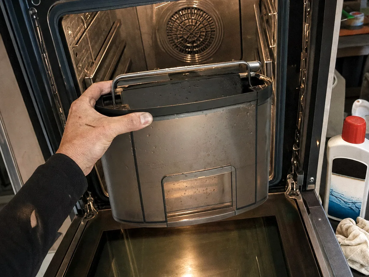 A built-in oven standing open at working height, the cavity lit and a component drawn out of its bay on the door line