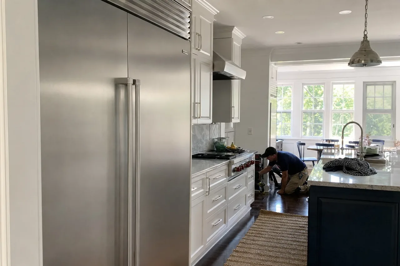 A wide coastal kitchen with a panelled built-in refrigerator on the left, a stainless range under its hood further down the run, and a technician crouched at the range