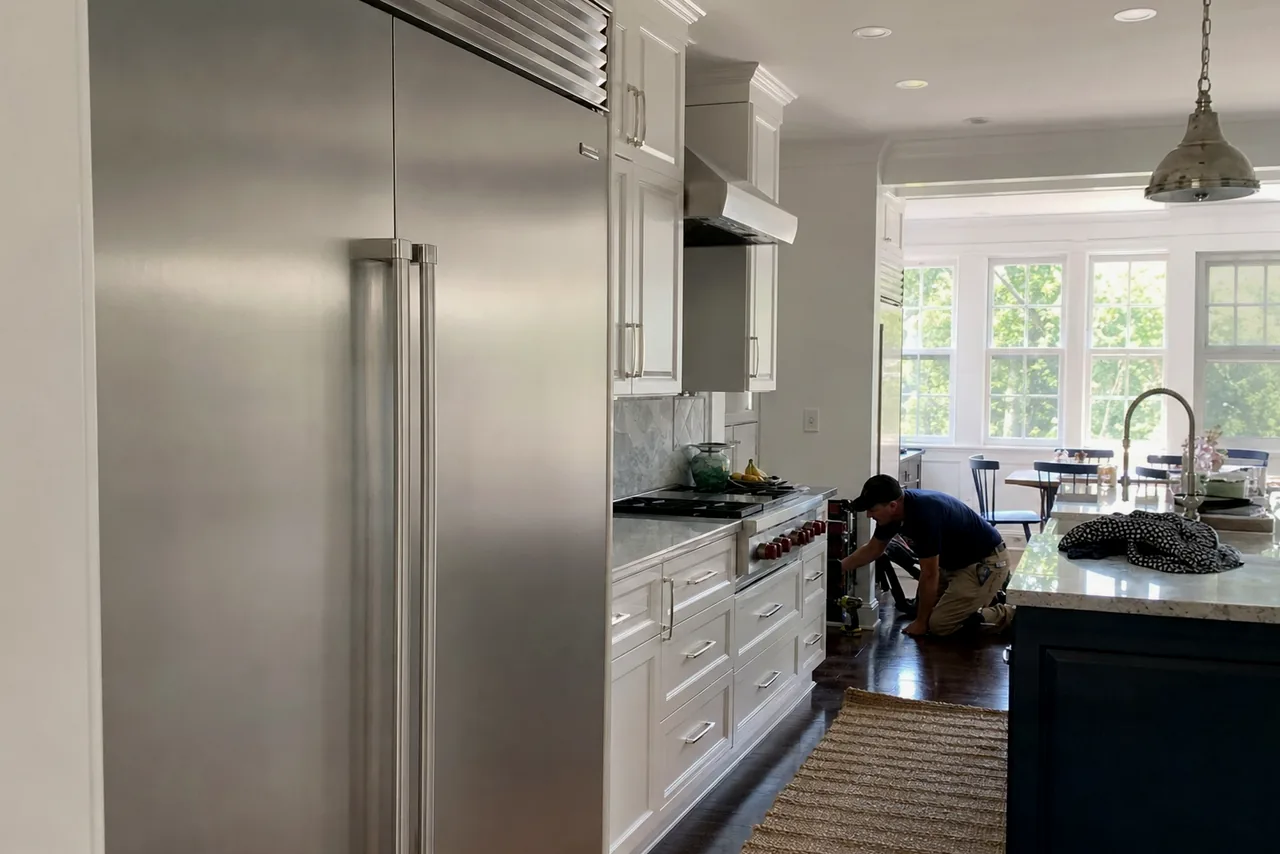 A long kitchen run in daylight — tall built-in refrigeration, cabinetry to the ceiling and a stainless range at the far end with someone working at it