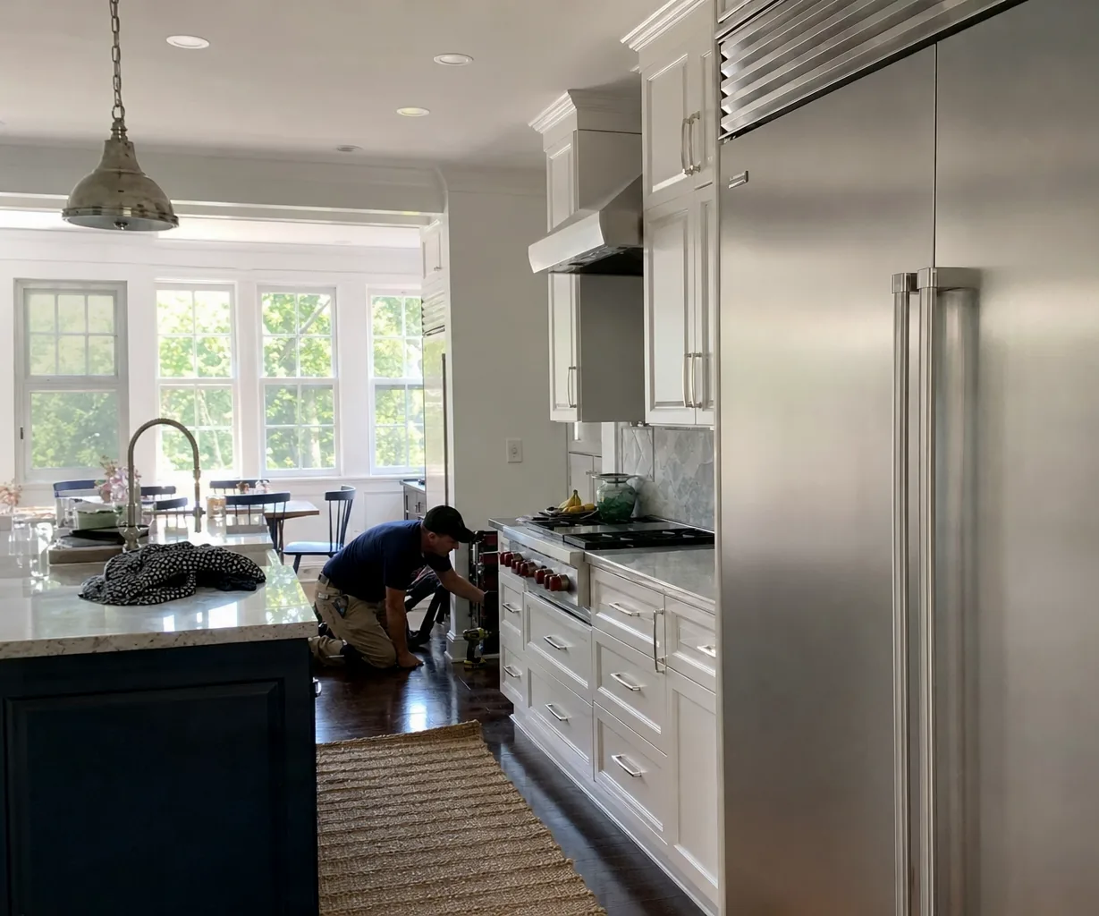 An open-plan coastal kitchen with an island, a run of built-in appliances along the wall and light coming in from the windows behind