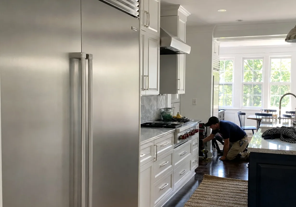 A kitchen with panelled built-in refrigeration and a stainless cooking run, seen down the length of the room past the island