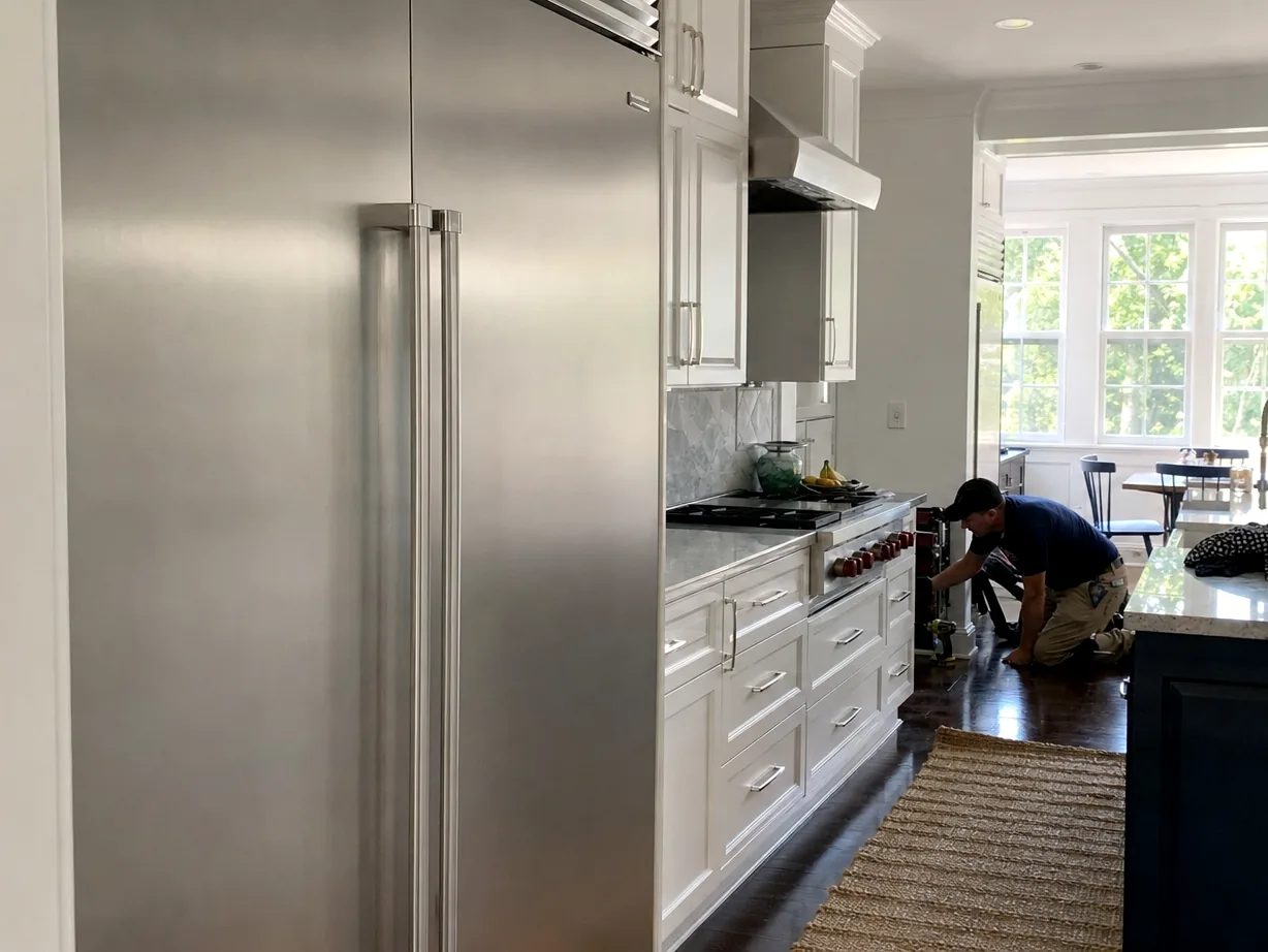A large kitchen in daylight with built-in refrigeration on one wall, an island in the middle and a stainless range beneath a hood