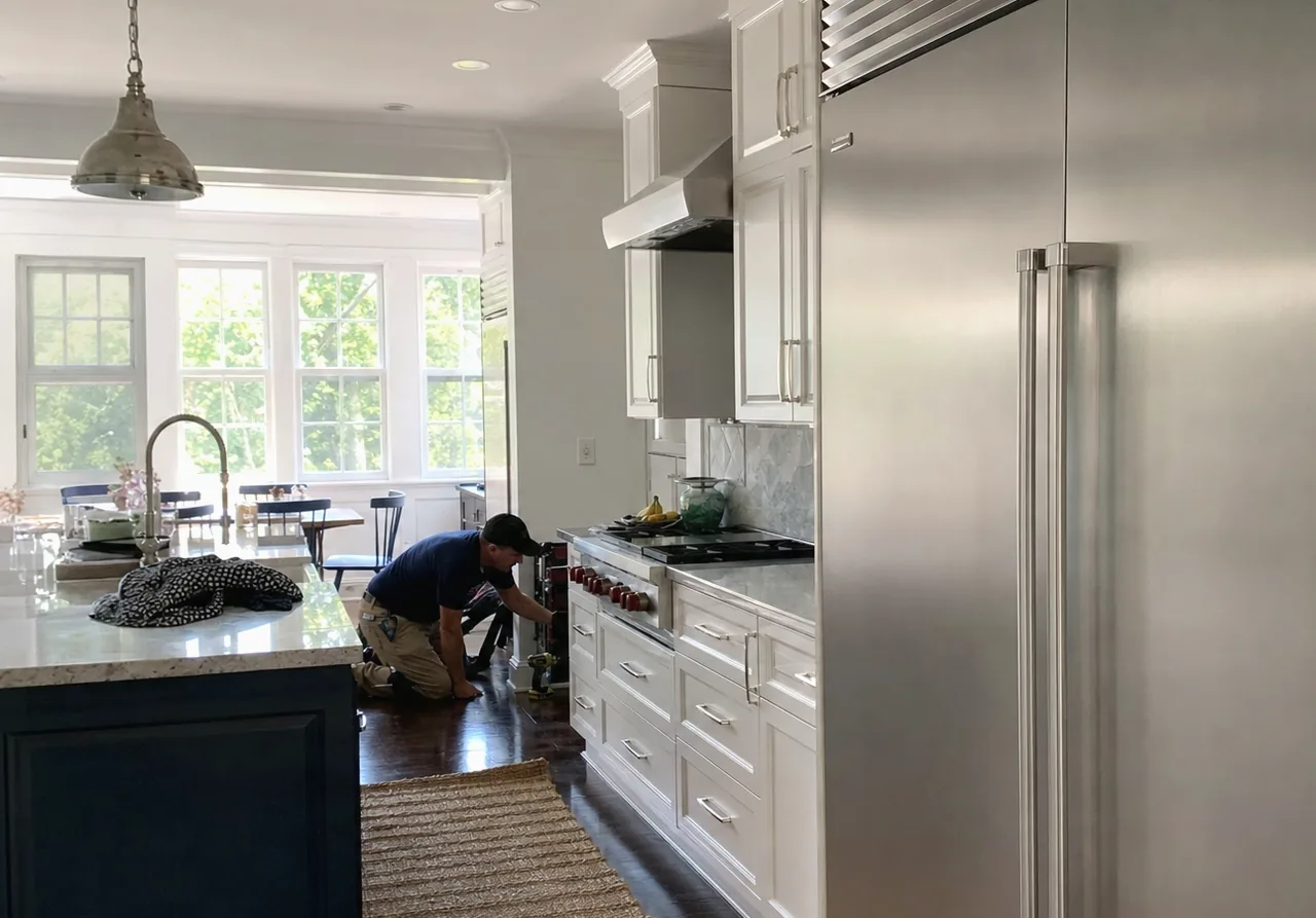 A kitchen run photographed along its length: tall panelled refrigeration, cabinetry, and the cooking wall at the far end